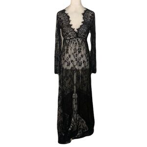 Black Small V Neck Sheer Long Sleeve Lace Eyelash Lace Trim Maxi Gown Whimsigoth